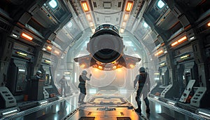 High-tech sci-fi repair bay inside a space station, engineers in exosuits working on a hovering spacecraft engine