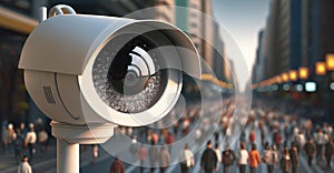 A high-tech security camera keeps a sharp eye on the activity of people on city street. Generative AI illustration