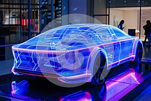 A high-tech self-driving car is showcased inside a modern building, A blueprint for a high-tech, self-driving car photo