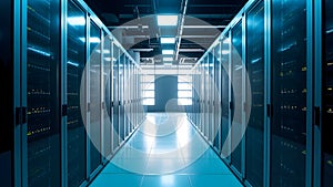 High-Tech Server Rack Corridor in a Modern Data Center
