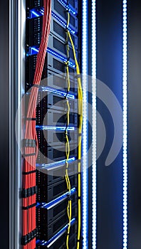High Tech Server Rack with Sleek Metallic Frame and Vertical Servers
