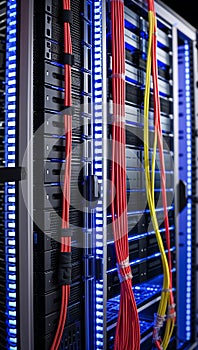 High Tech Server Rack with Sleek Metallic Frame and Vertical Servers