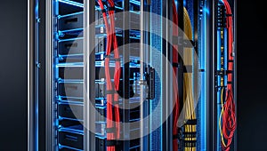 High Tech Server Rack with Sleek Metallic Frame and Vertical Servers