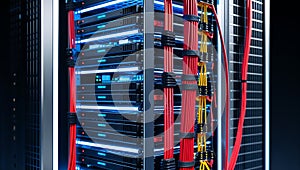 High Tech Server Rack with Sleek Metallic Frame and Vertical Servers