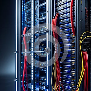 High Tech Server Rack with Sleek Metallic Frame and Vertical Servers