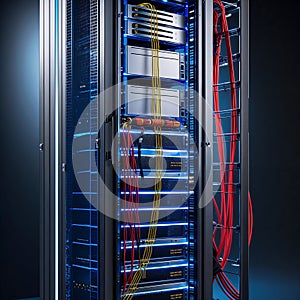 High Tech Server Rack with Sleek Metallic Frame and Vertical Servers