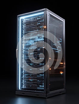 Modern Data Center Server Rack Illuminated With Digital Elements Showcasing Advanced Technology and Sleek Design