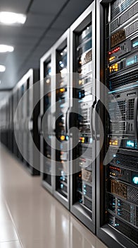 High-tech server room features green and blue storage units, emphasizing energy efficiency and rapid data access in a sleek