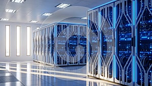 Modern Server Room with Blue LED Lights, Data Center Racks, Technology and Cloud Computing
