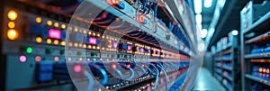 High-tech server room with illuminated network equipment and colorful lights