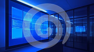 High-tech server room with multiple blue screens displaying code and data analytics at night