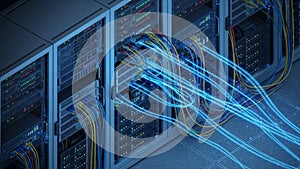 High-tech server room with organized cables and data transfer visualization