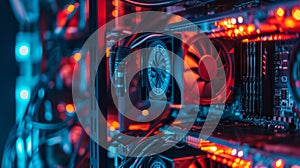 High-tech server room with vibrant blue and red lighting