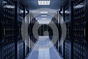 High tech servers in rows illustrate modern data center infrastructure