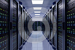 High tech servers in rows illustrate modern data center infrastructure