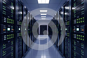 High tech servers in rows illustrate modern data center infrastructure