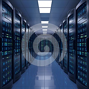 High tech servers in rows illustrate modern data center infrastructure