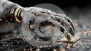 A high?tech setting features a robotic arm assembling a microchip onto a circuit board