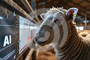 A high-tech sheep farm managed by artificial intelligence. Control Dashboard with phrase AI and sheep