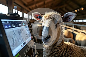 A high-tech sheep farm managed by artificial intelligence. Control Dashboard with phrase AI and sheep