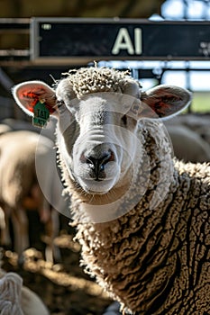 A high-tech sheep farm managed by artificial intelligence. Control Dashboard with phrase AI and sheep