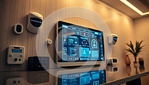 High Tech Smart Home Control Panel on Wall with Security System and Modern Design