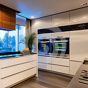 A high-tech smart kitchen with touchless faucets, voice-activated appliances, and a smart fridge with a touchscreen2