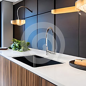 A high-tech smart kitchen with touchless faucets, voice-activated appliances, and a smart fridge with a touchscreen4