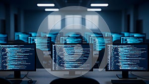 High-Tech Software Development Lab with Blue Code on Monitors