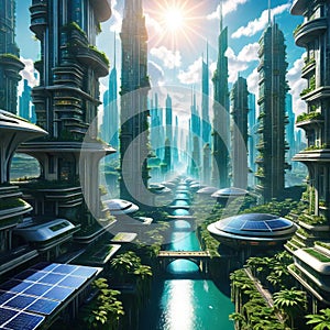 high tech solarpunk utopicity metropolis in the amazon in the future with