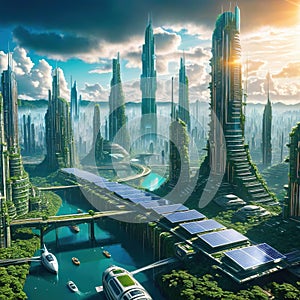 high tech solarpunk utopicity metropolis in the amazon in the future with