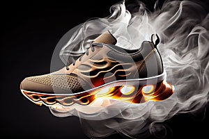 high-tech sport shoe with supercharged propulsion technology, smoke billowing from the sole