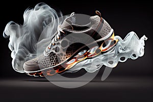 high-tech sport shoe with supercharged propulsion technology, smoke billowing from the sole