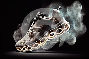 high-tech sport shoe with supercharged propulsion technology, smoke billowing from the sole photo