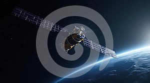 High-tech spy satellite orbiting Earth with solar panels