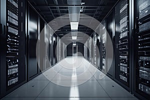 high-tech storage data center, with rows of servers and racks of equipment