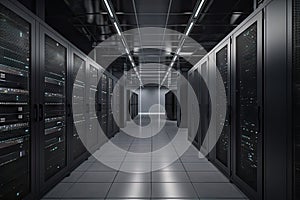 high-tech storage data center, with rows of servers and racks of equipment