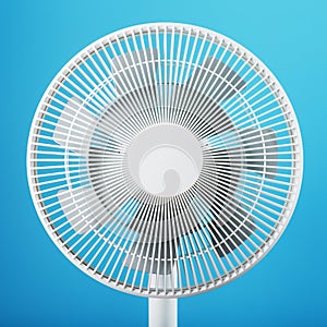 A high-tech white electric fan with a modern design for cooling the room on a blue background