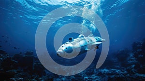 High-Tech White Submersible Underwater in Blue Ocean