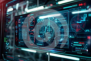 A high-tech workspace features a futuristic digital dashboard filled with detailed