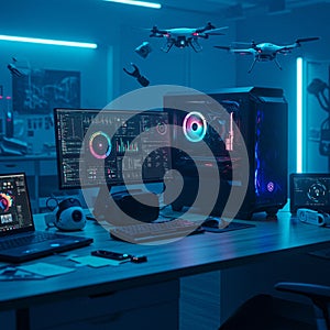 A high-tech workspace features multiple computer screens displaying data analytics