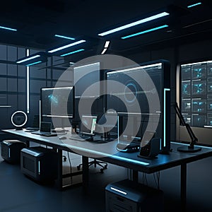 High-tech workspace featuring multiple large monitors displaying data visualizations