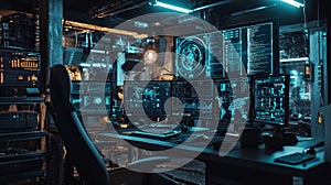 High-tech workspace with multiple monitors displaying data and code
