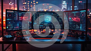 High-tech workspace with multiple screens displaying advanced code algorithms and futuristic virtual interfaces