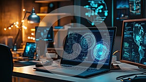 High-tech workspace at night showcasing multiple screens displaying data visualizations and graphs in a modern