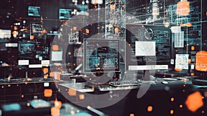 High-tech workstation featuring multiple monitors and data visualization in an advanced digital environment