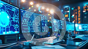 high-tech workstation with multiple computer monitors displaying graphs and analytical data. AI generated