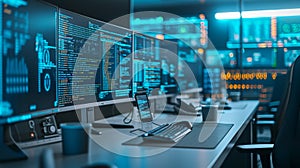 high-tech workstation with multiple computer monitors displaying graphs and analytical data. AI generated
