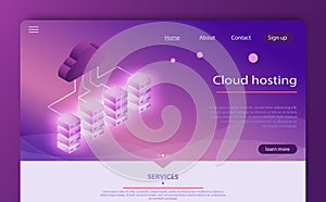 High technology concept, data center, cloud data storage isometric vector. Cloud computing concept.