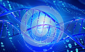 High technology and genetic research. 3d illustration of a DNA helix on a digital code background